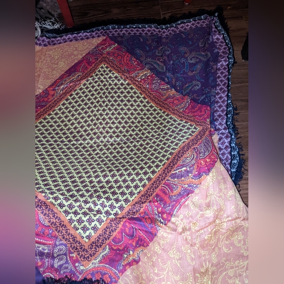 Tarnish - Large Square Paisley Patchwork Scarf - Coral, Navy, Purple, Yellow - Picture 11 of 14